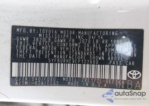 2014 Toyota Corolla S Plus from USA, damaged, VIN 5YFBURHE9EP122600